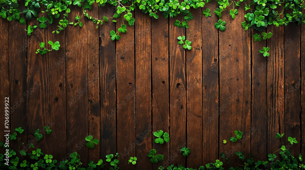 Nature's Embrace Green Clover Leaves Overlapping Rustic Wooden Planks Nature's Embrace Green Clover Leaves Overlapping Rustic Wooden Planks