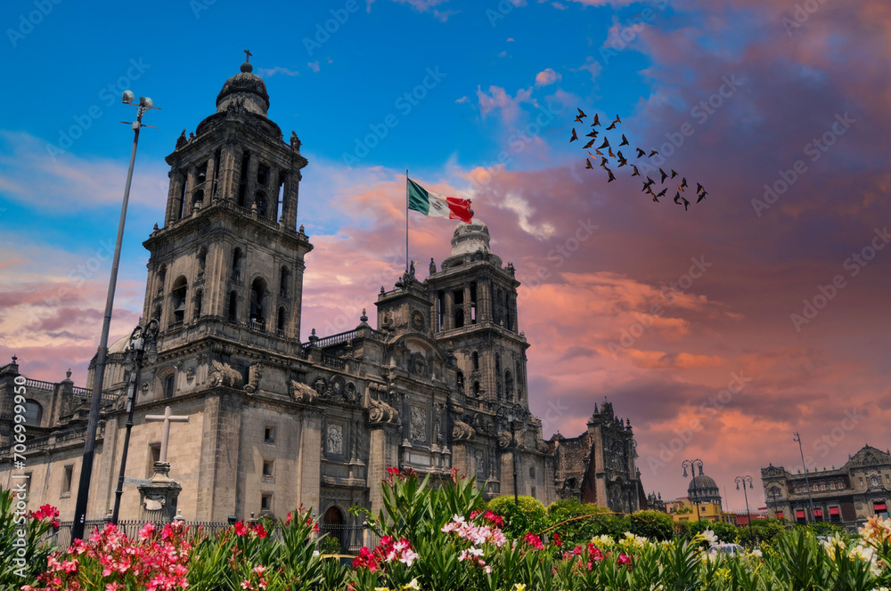 Majestic Baroque Cathedral at Dusk in Mexico, Surrounded by Vibrant Flowers