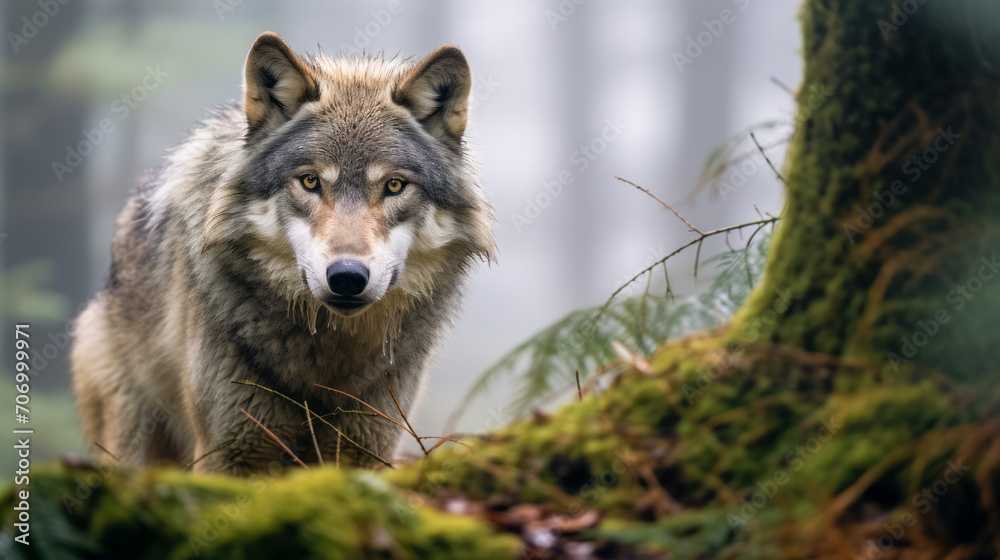 Watchful wolf in misty forest environment
