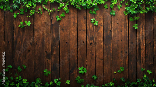 Nature's Embrace Green Clover Leaves Overlapping Rustic Wooden Planks © Natthaphat 