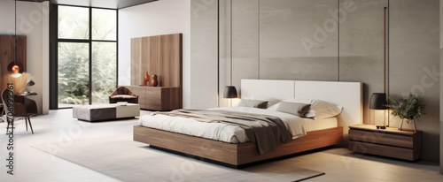 Interior of modern bedroom with comfortable king size bed. 3d render © thodonal