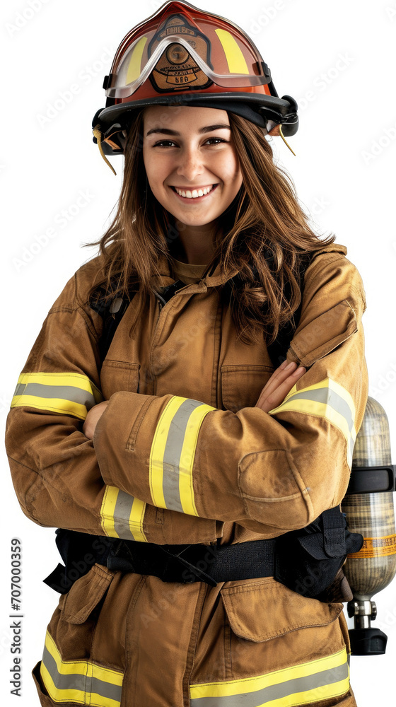 Fototapeta premium Portrait of a female firefighter, smiling, crossed arms, wearing a brown uniform on a white background