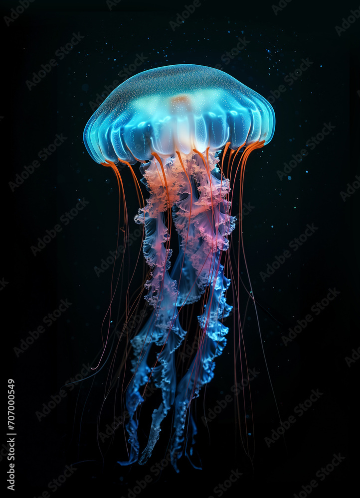 colorful jellyfish isolated on black background - obrazy, fototapety, plakaty 