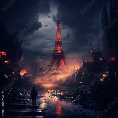 Apocalyptic tokyo cinematic tokyo tower night beautiful image Ai generated art