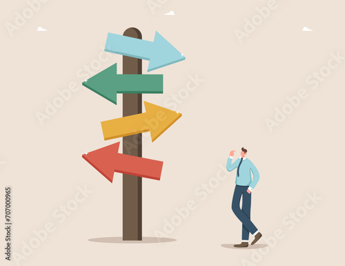 Business planning and analysis of ways and methods to achieve goals, search for secret keys to new opportunities, follow strategy for success in workflow, man near pointer discourse further actions.