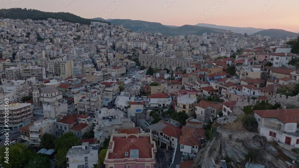 Stunning Commercial Town And Seaport Of Kavala, Northeastern Greece. Aerial Drone Shot Stunning Commercial Town And Seaport Of Kavala, Northeastern Greece. Aerial Drone Shot