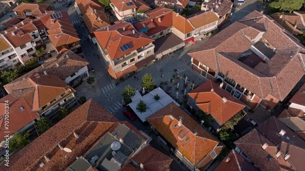 Red Roof Houses And Ancient Buildings In Old Town Nessebar, Bulgaria. - aerial tilt up shot Red Roof Houses And Ancient Buildings In Old Town Nessebar, Bulgaria. - aerial tilt up shot