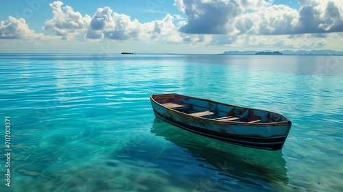 A small, colorful rowboat gently bobbing on the tranquil turquoise ocean, under a sky of deep blue with soft white clouds, and a serene tropical island visible in the distance. © SardarMuhammad