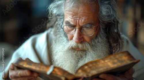 Close-up portrait of an old jew man reading the Holy Bible.