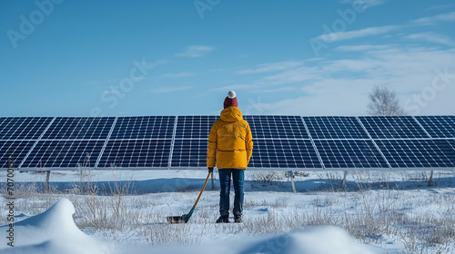 Winterbetrieb und Wartung im Winter von Solarmodulen Solarpanel von Schnee und Eis befreien Generative AI photo