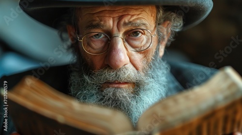 Portrait of an old jewish man with a long gray beard and mustache in a hat reading a book photo