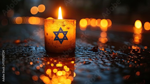 Burning candle in the shape of the flag of Israel on a rainy day. Selective focus. photo