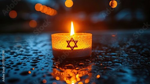 Candle light with star of David and bokeh background.