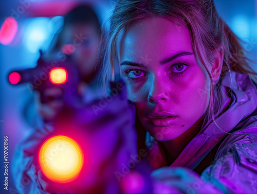 Portrait einer mit Laserpistole zielenden jungen Frau