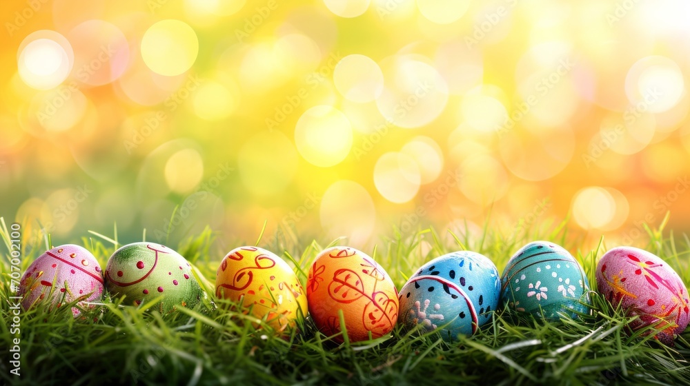 Easter decorated eggs in fresh spring grass with bokeh background. AI generative