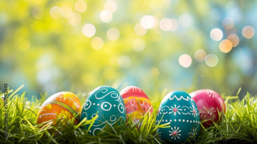 Easter decorated eggs in fresh spring grass with bokeh background. AI generative