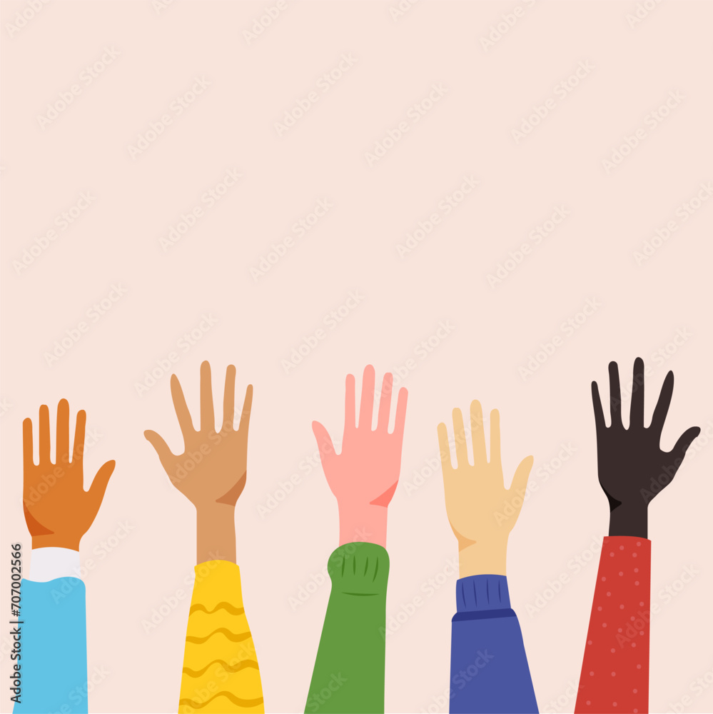 Hands of diverse group of people together raised up. vector illustration, flat style