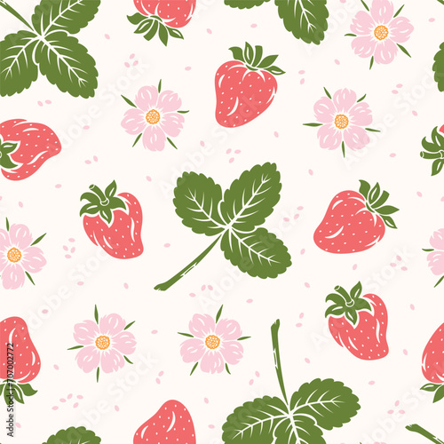 Strawberries Seamless Pattern. Berry, Leaf and Flower of Strawberry. Berries Background. Fruit Wallpaper. Great for Wrapping Paper, Packaging etc. Vector Illustration