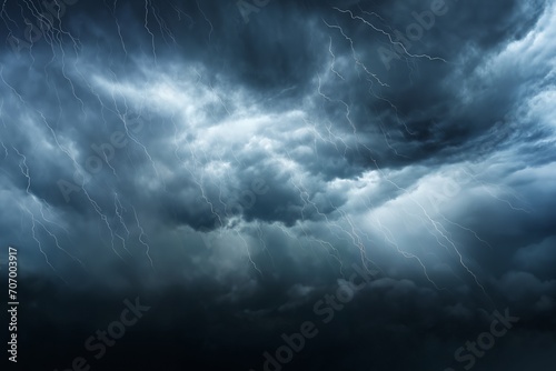 dark dramatic stormy sky with lightning and cumulus clouds aerial view for abstract background
