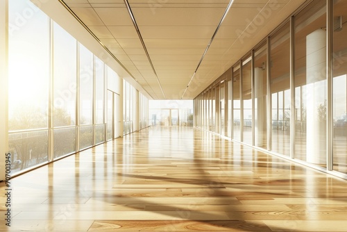 Modern Beige and Brown Toned Office Hall with Panoramic Windows and Spacious Perspective
