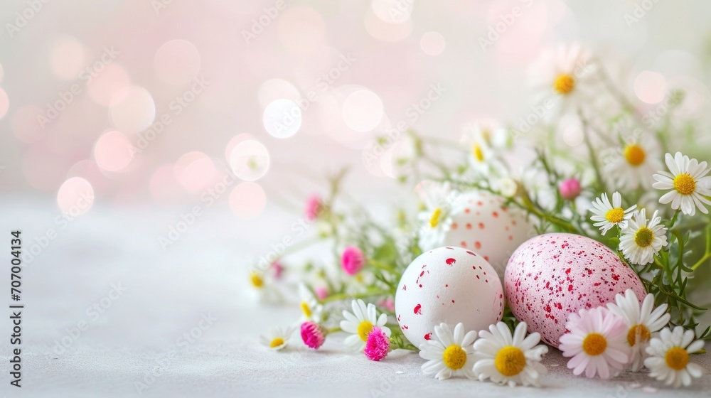 Easter composition with a decorated eggs, flowers and bokeh background with a copy space. AI generative Easter composition with a decorated eggs, flowers and bokeh background with a copy space. AI generative