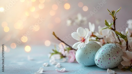Easter composition with a decorated eggs  flowers and bokeh background with a copy space. AI generative