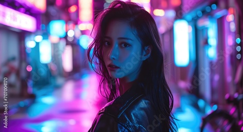 Neon Night: Young Female K-Pop Dancer Lighting Up the Street