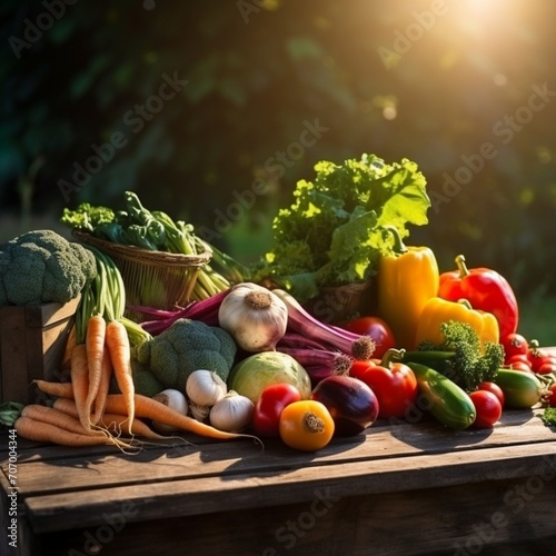 Beautiful vegetables on wooden table next to sunset Ai generated art