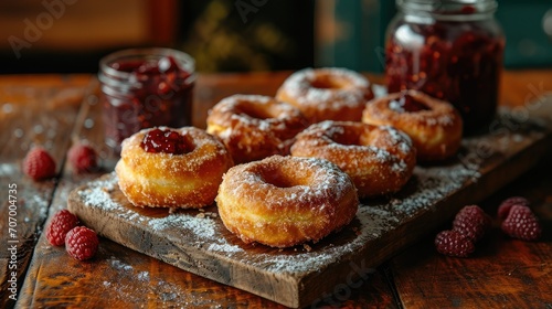 Delicious doughnuts sprinkled with powdered sugar on a wooden board with a jar of jam. Desserts.