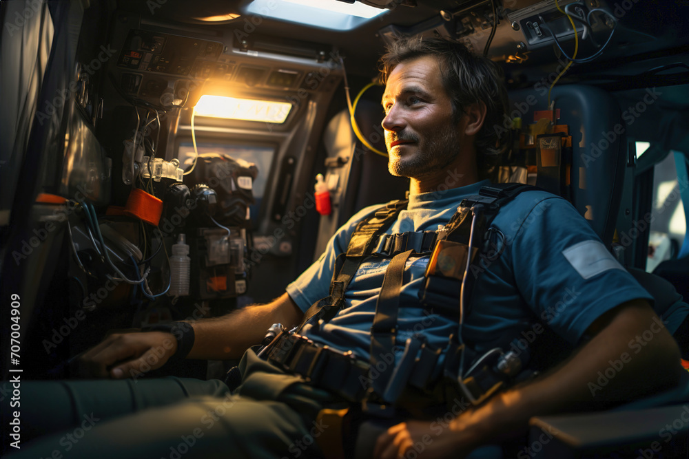 A man medical worker sit in ambulance. Emergency care concept. Ambulance interior with emergency doctor. A man medical worker sit in ambulance. Emergency care concept. Ambulance interior with emergency doctor.