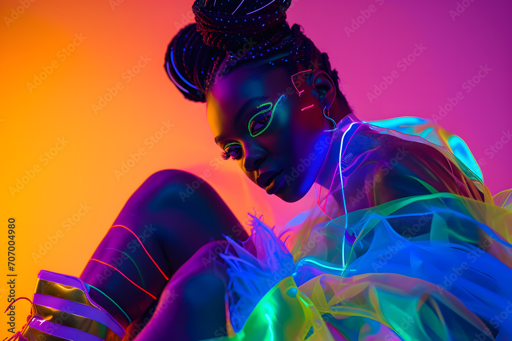 Young african american woman with sunglasses, beautiful makeup, bright neon colors, high fashion, studio portrait