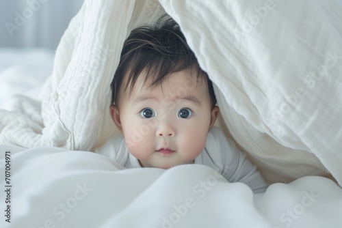 Adorable Asian Baby Hiding in White Blanket