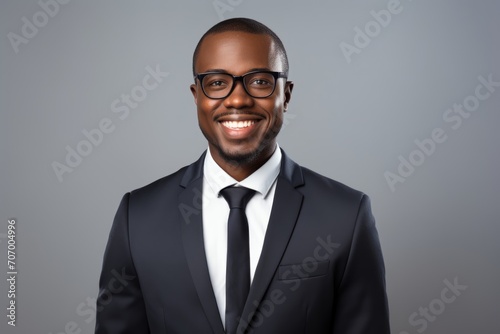 Happy african american young businessman wearing eyeglasses portrait. Smiling millennial black guy photo