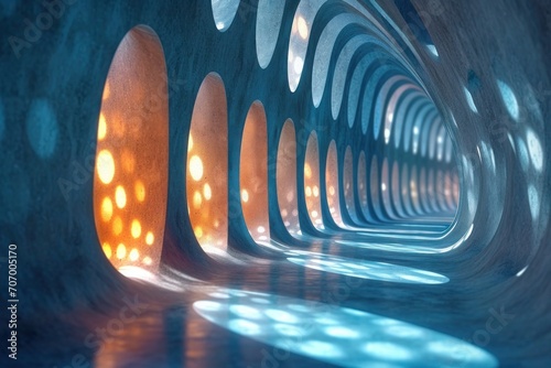 abstract blue light background, Illuminated tunnel with blue and orange lights