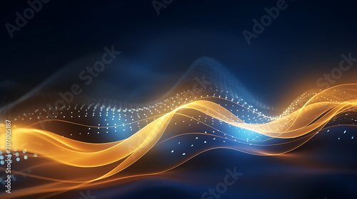 Futuristic Symphony, Gold and Blue Neon Waves with Bokeh Lights