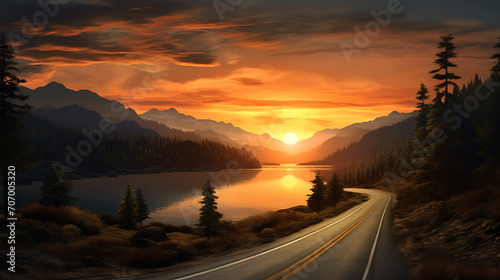 Golden Horizon, Sunset Glow on a Tranquil Lake and Road