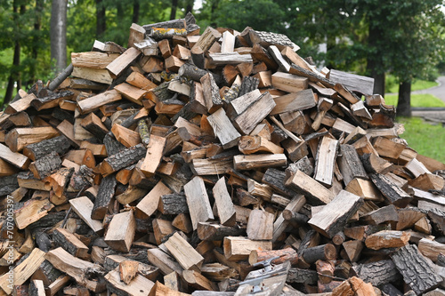 Chopped firewood is lying on a large pile
