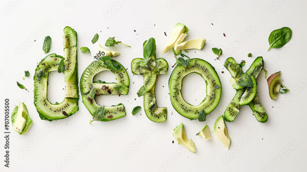 word detox made from green avocado and kiwi on a white background, healthy eating, smoothie, food, fruit, tasty treat, healthy breakfast, weight loss, diet, nutrition - obrazy, fototapety, plakaty 