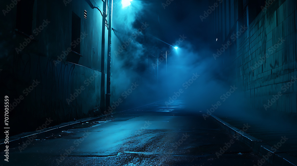 Midnight silence, dark empty street with dark blue abstract background