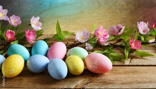  easter eggs in the grass, Easter festivities with an empty wooden table background, radiating the fresh vibes of spring. Delicate floral brings the warmth of the season to life