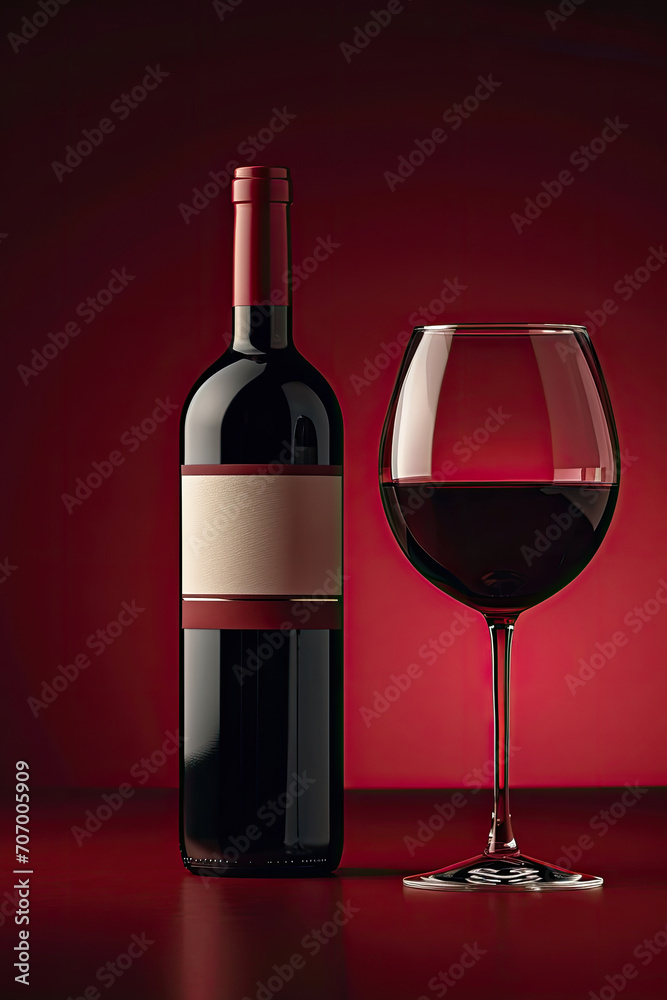 a bottle of red wine with label and a full glass goblet in photorealistic style on a red dark background. a bottle of red wine with label and a full glass goblet in photorealistic style on a red dark background.