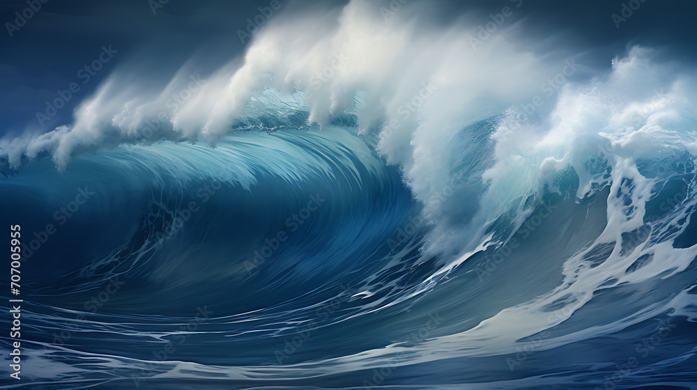 Oceanic power, large stormy sea wave in deep blue background Oceanic power, large stormy sea wave in deep blue background