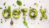 word detox made from green avocado and kiwi on a white background, healthy eating, smoothie, food, fruit, tasty treat, healthy breakfast, weight loss, diet, nutrition