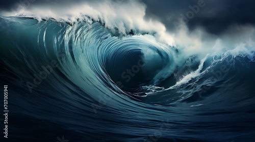 Oceanic power, large stormy sea wave in deep blue background