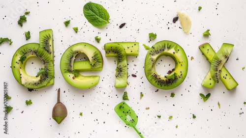 word detox made from green avocado and kiwi on a white background, healthy eating, smoothie, food, fruit, tasty treat, healthy breakfast, weight loss, diet, nutrition photo