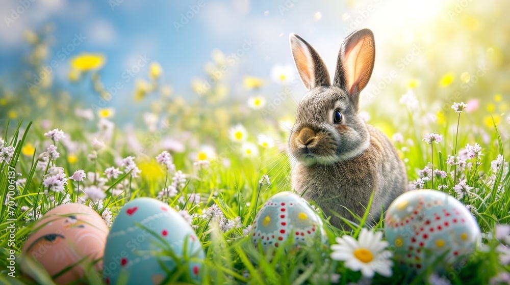 A cute rabbit hiding in the grass with a easter decorated eggs on a blooming spring meadow. AI generative A cute rabbit hiding in the grass with a easter decorated eggs on a blooming spring meadow. AI generative
