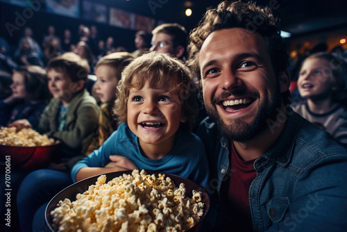 A man and little boy holding a bowl of popcorn and smiling at cinema theater.