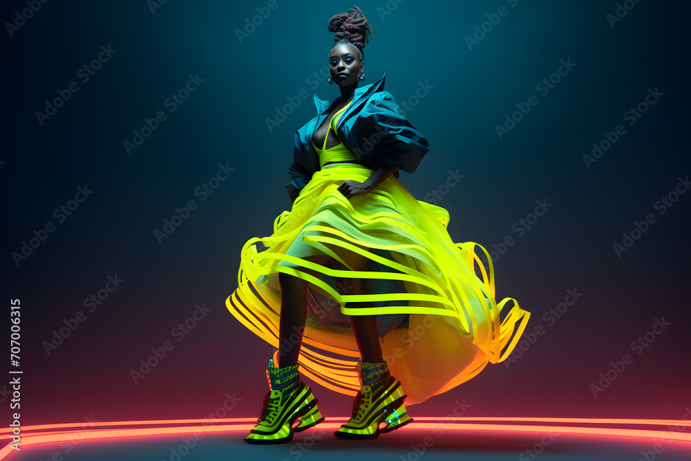 African woman in neon costume and neon shoes, in the style of futuristic pop, luminous color palette
African woman in neon costume and neon shoes, in the style of futuristic pop, luminous color palette