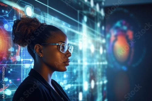 African american woman watching holographic screens. Businesswoman watching at digital interface