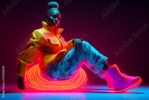 African woman in neon costume and neon shoes, in the style of futuristic pop, luminous color palette 